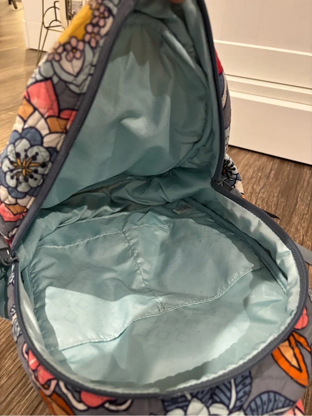 Vera Bradley Quilted Kids Backpack in Blue with Pink and Orange Floral Print